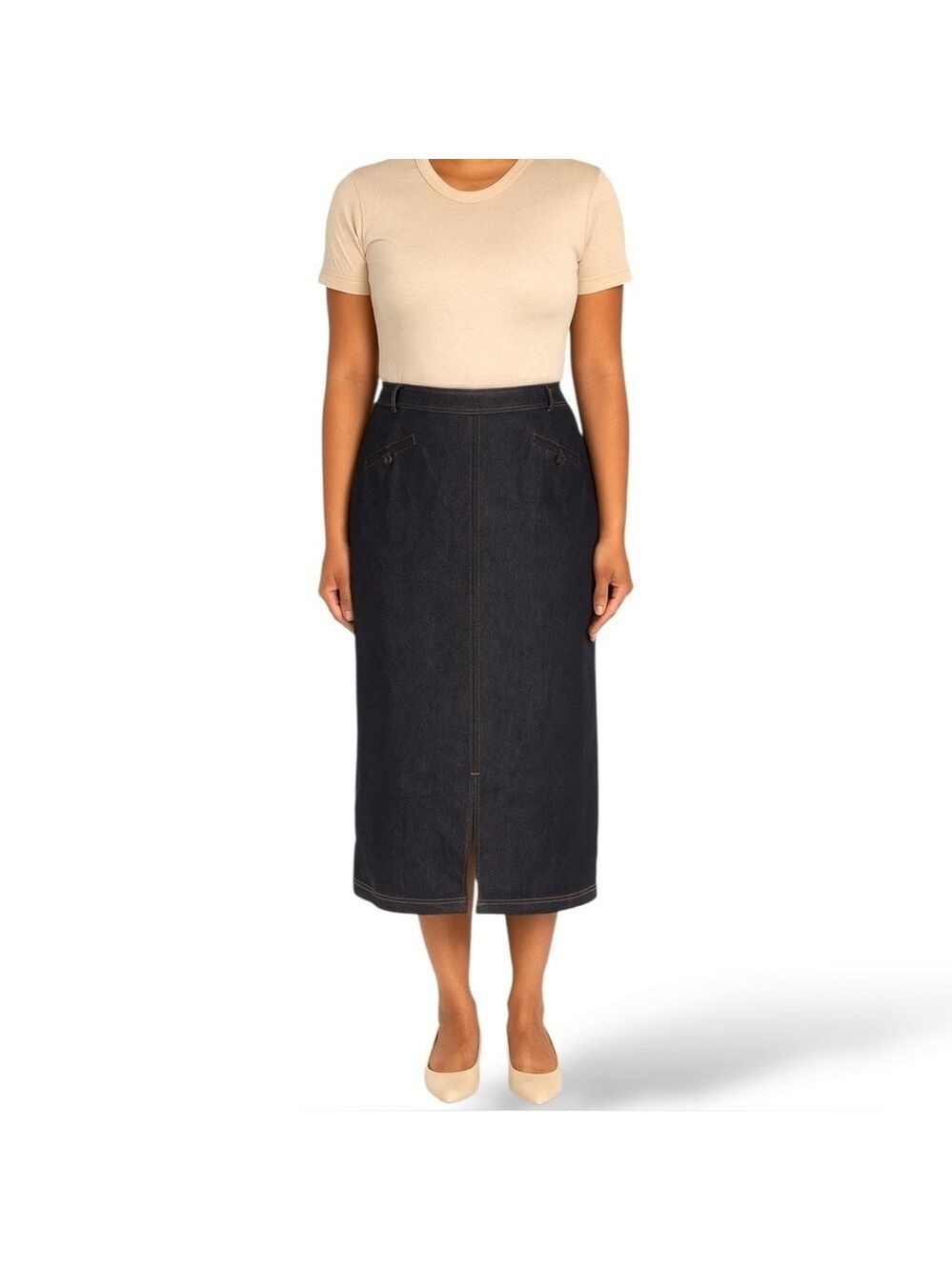 MARCONA Cotton Blend Chambray Maxi Pencil Skirt Front Reversable Zipper Sz 16